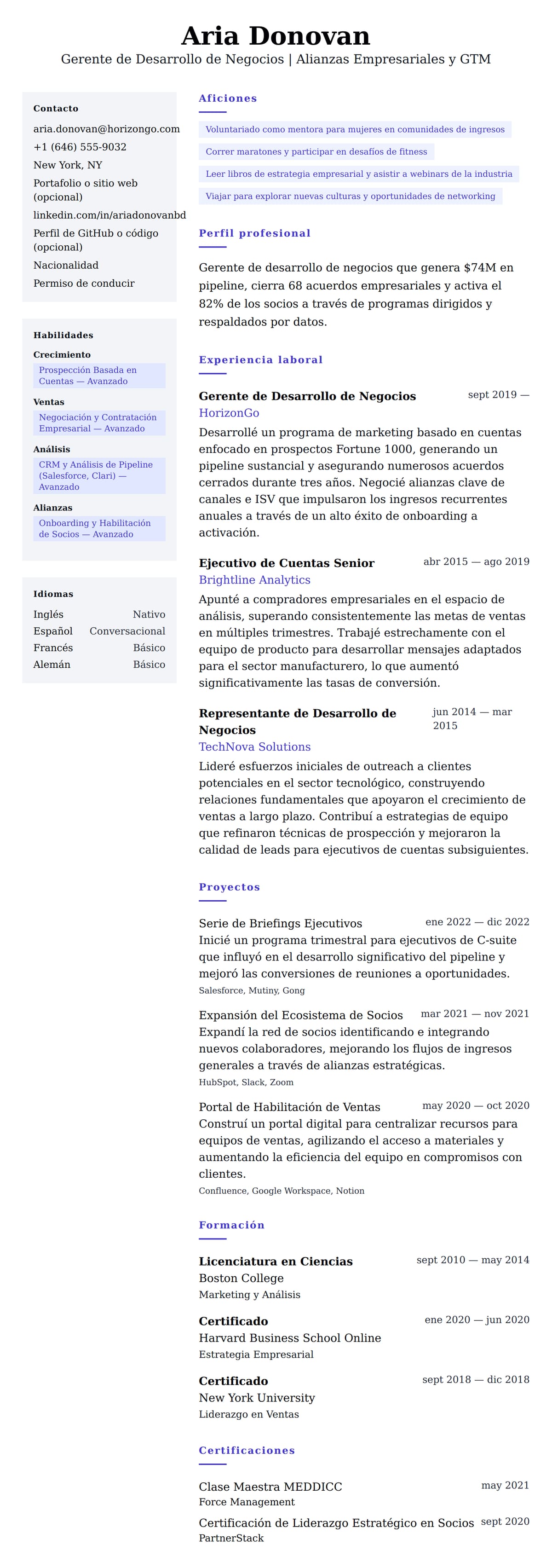 Vista previa del currículum Ejemplo de Currículum de Gerente de Desarrollo de Negocios