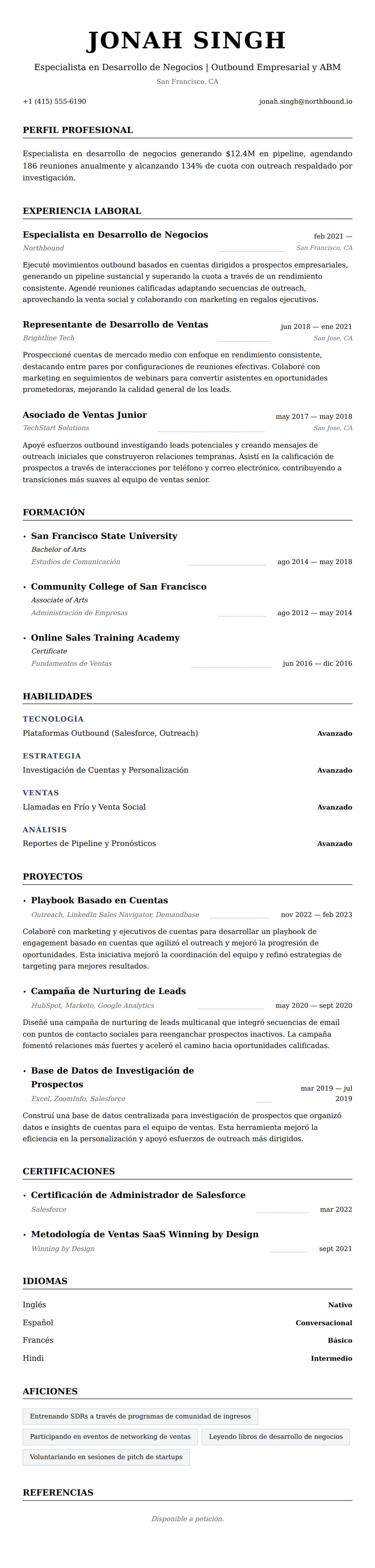 Vista previa del currículum Ejemplo de Currículum de Especialista en Desarrollo de Negocios