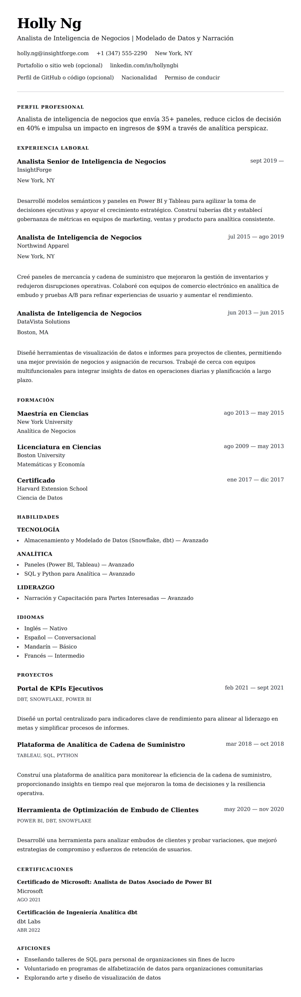 Vista previa del currículum Ejemplo de Currículum de Analista de Inteligencia de Negocios