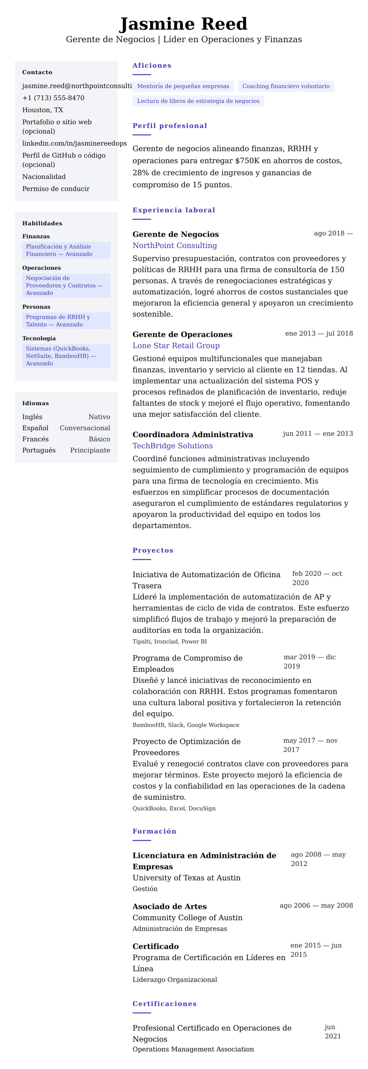Vista previa del currículum Ejemplo de Currículum de Gerente de Negocios