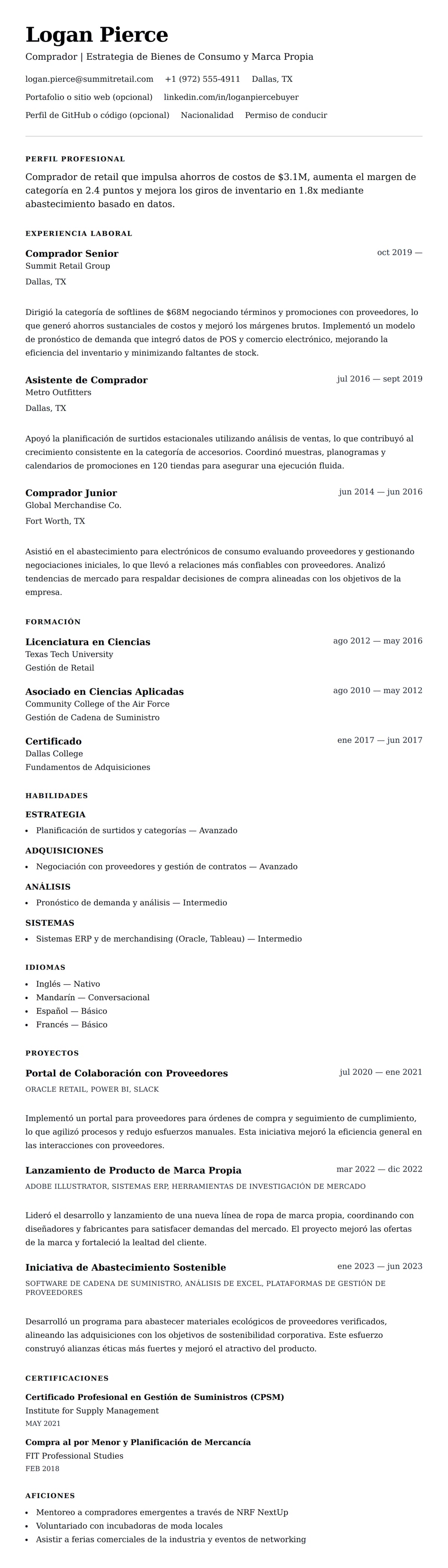 Vista previa del currículum Ejemplo de Currículum de Comprador