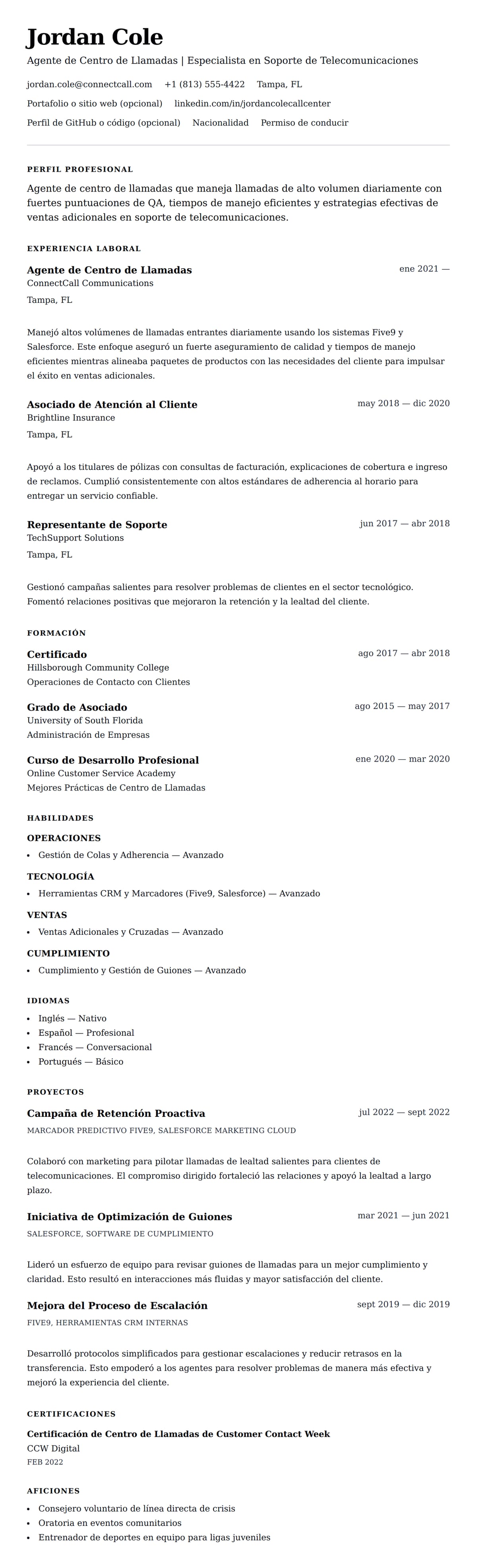 Ejemplo de Currículum de Agente de Centro de Llamadas