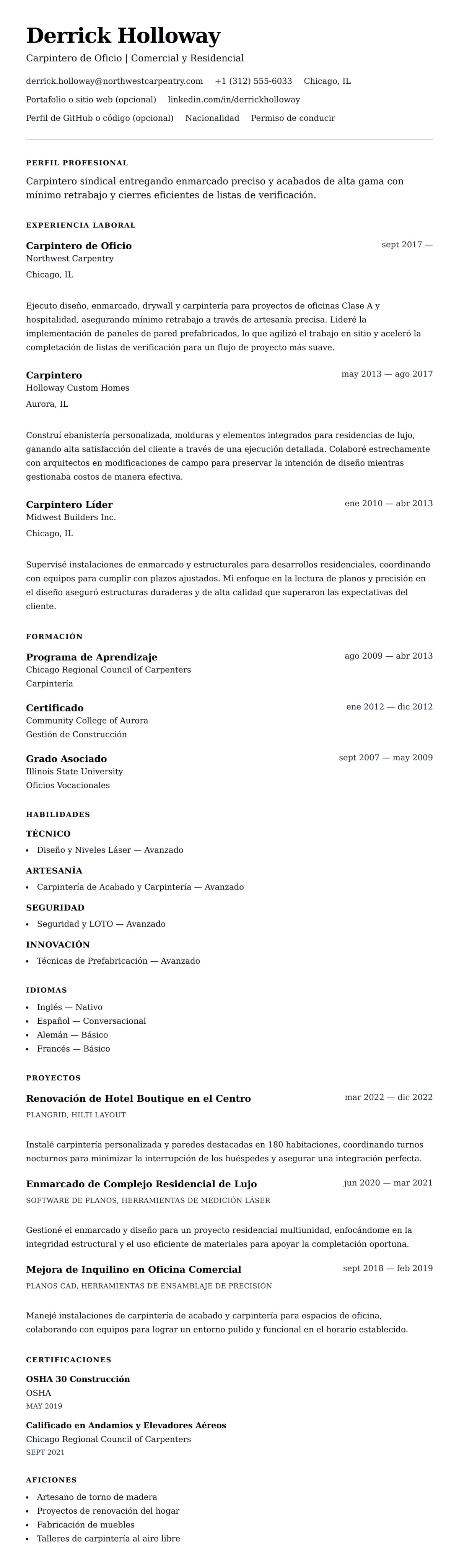 Vista previa del currículum Ejemplo de Currículum de Carpintero