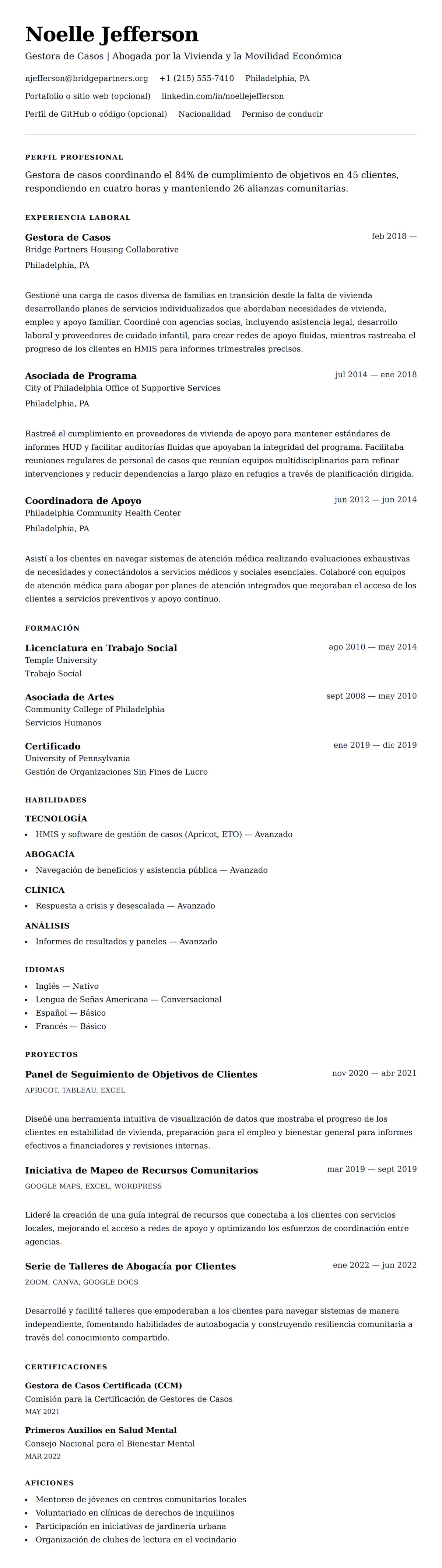 Vista previa del currículum Ejemplo de Currículum de Gestor de Casos