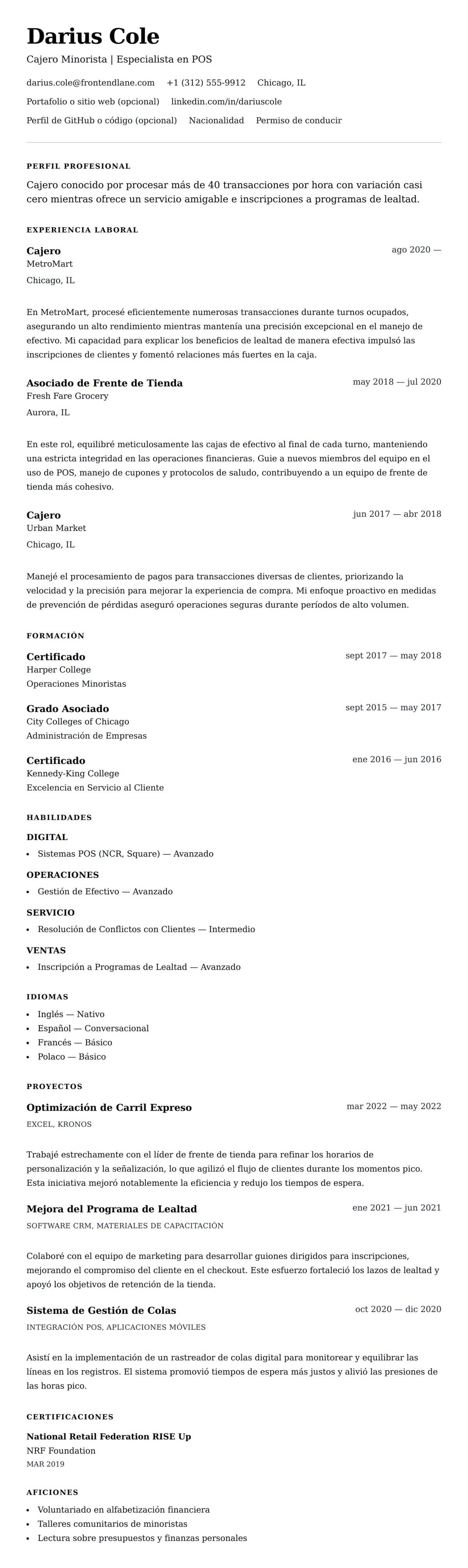 Vista previa del currículum Ejemplo de Currículum de Cajero