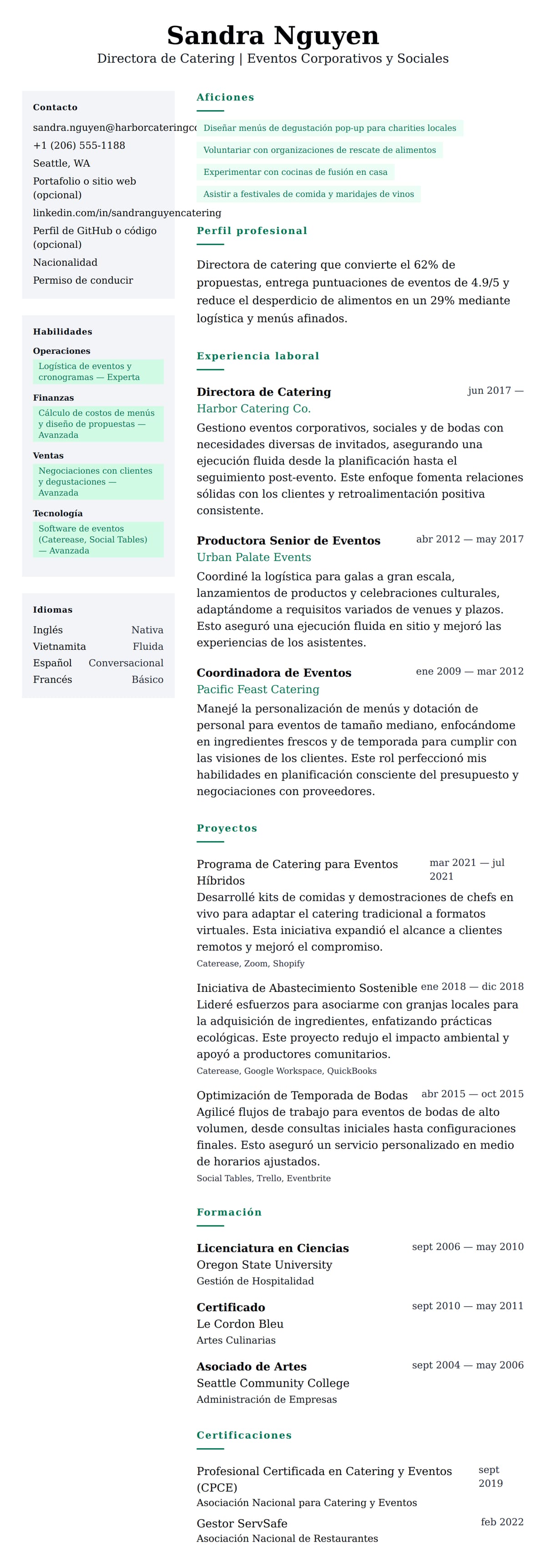 Vista previa del currículum Ejemplo de Currículum de Caterer