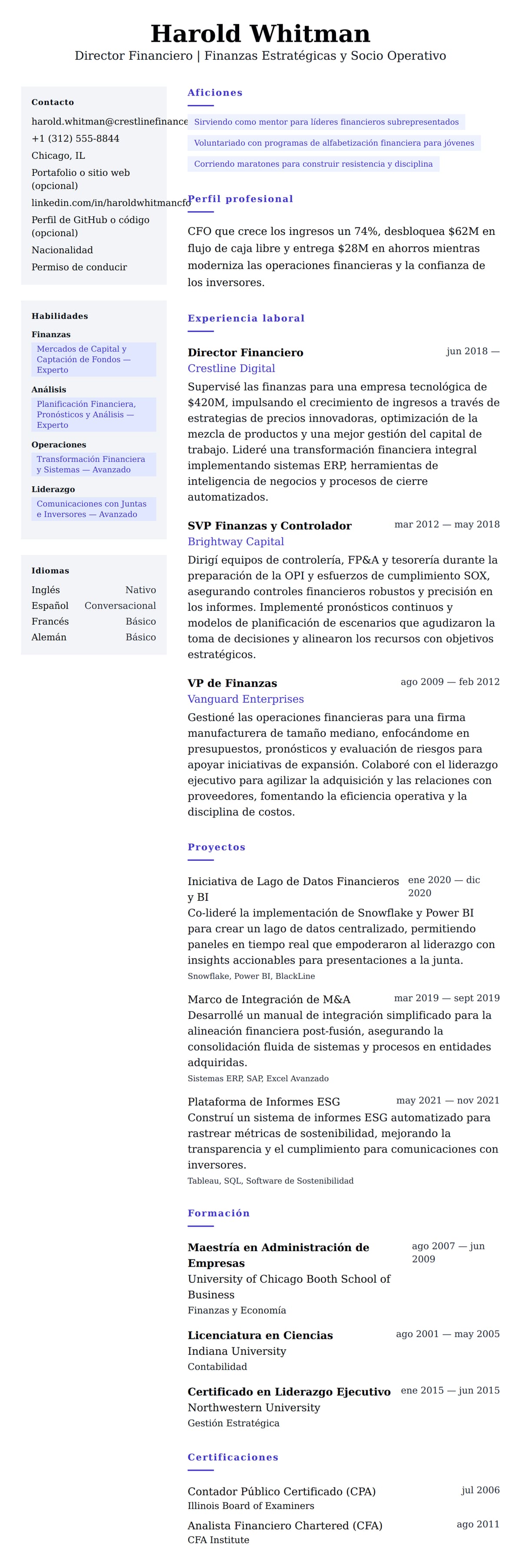 Vista previa del currículum Ejemplo de Currículum de Director Financiero