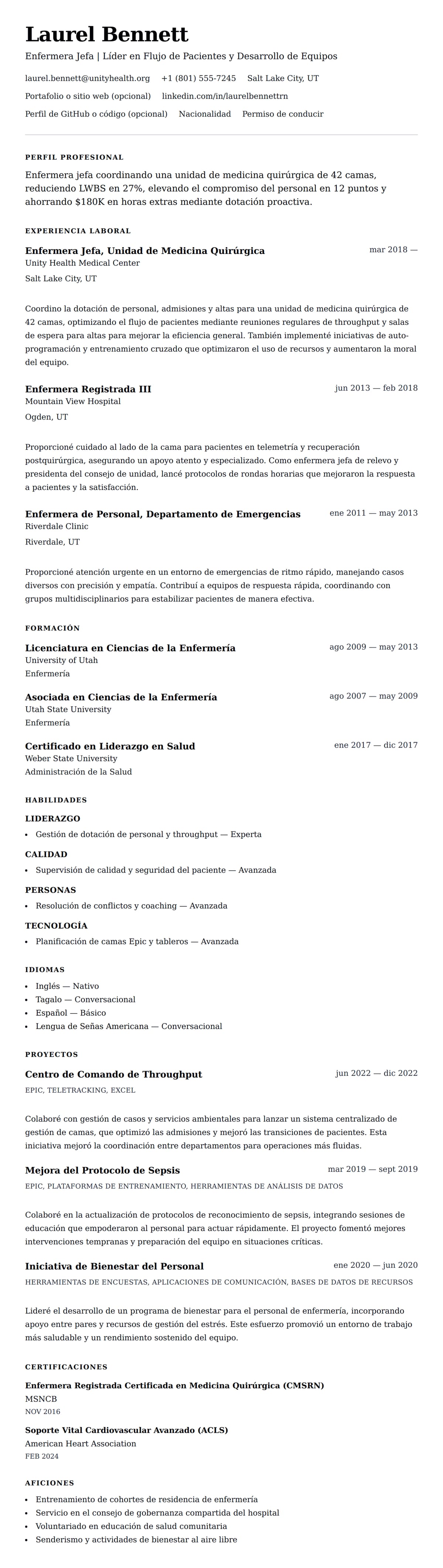 Vista previa del currículum Ejemplo de Currículum de Enfermera Jefa