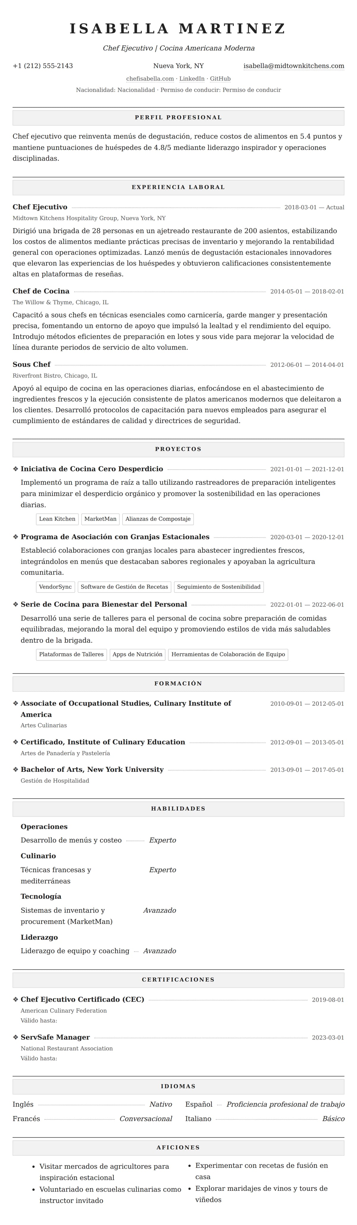 Vista previa del currículum Ejemplo de Currículum de Chef