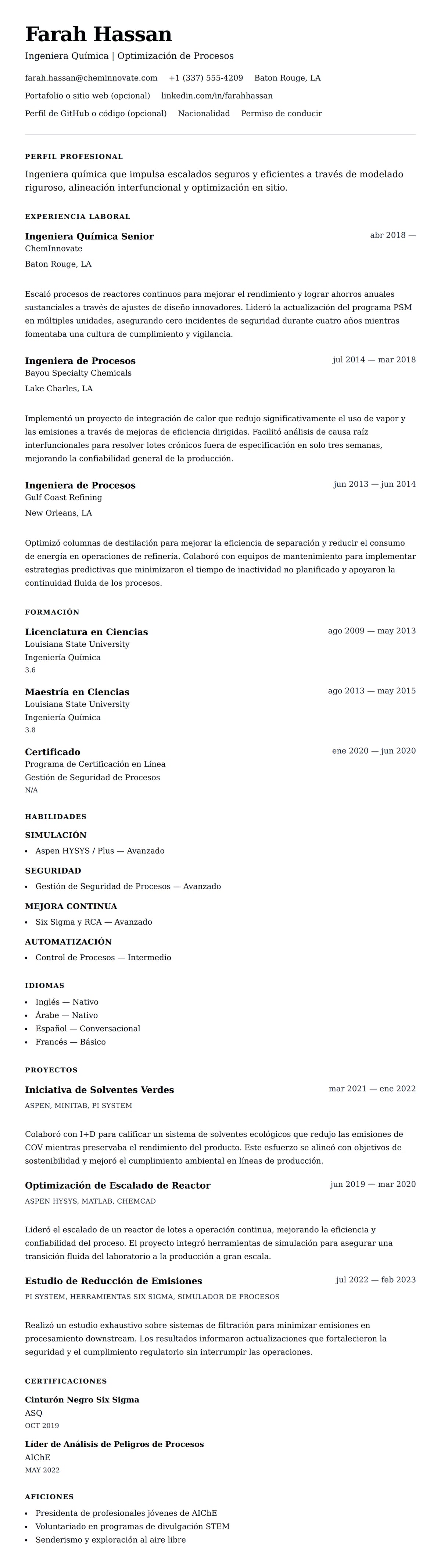 Vista previa del currículum Ejemplo de Currículum de Ingeniero Químico