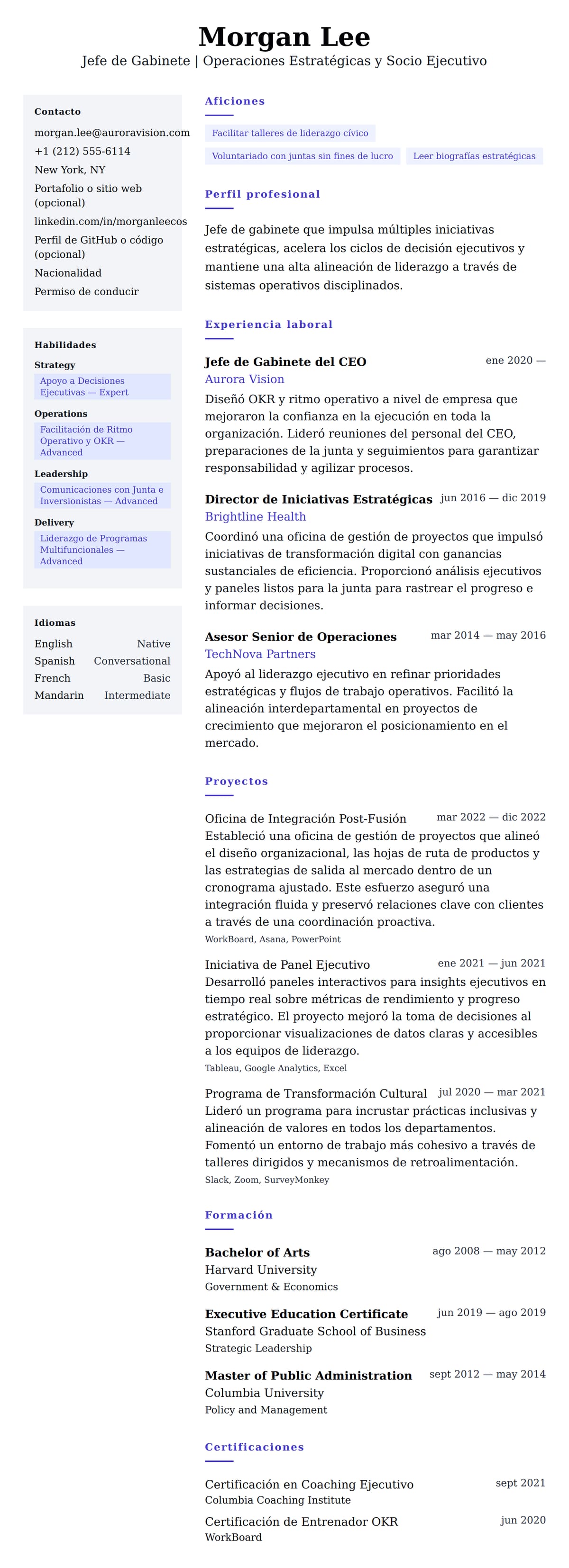 Vista previa del currículum Ejemplo de Currículum de Jefe de Gabinete