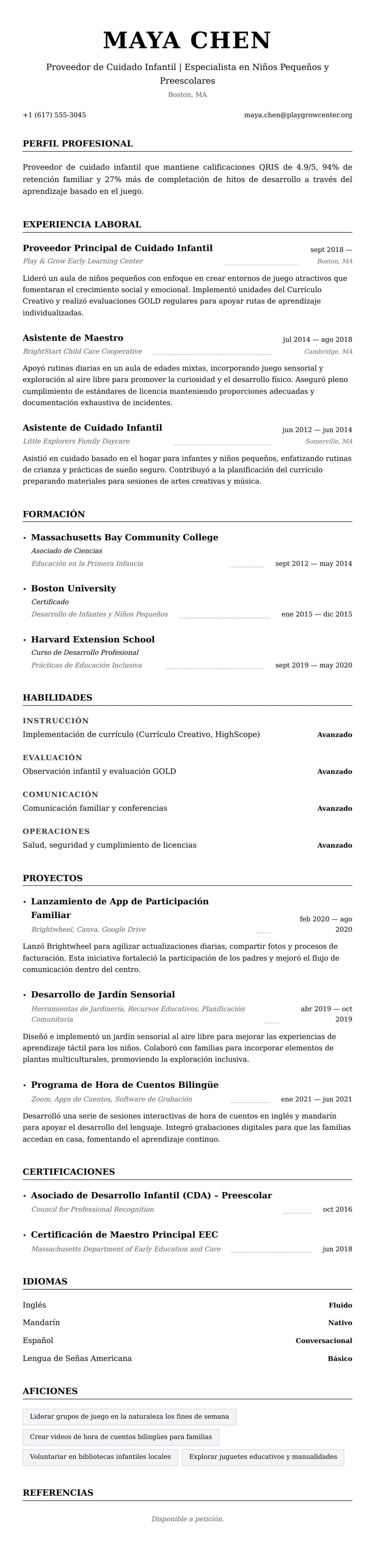 Vista previa del currículum Ejemplo de Currículum de Proveedor de Cuidado Infantil