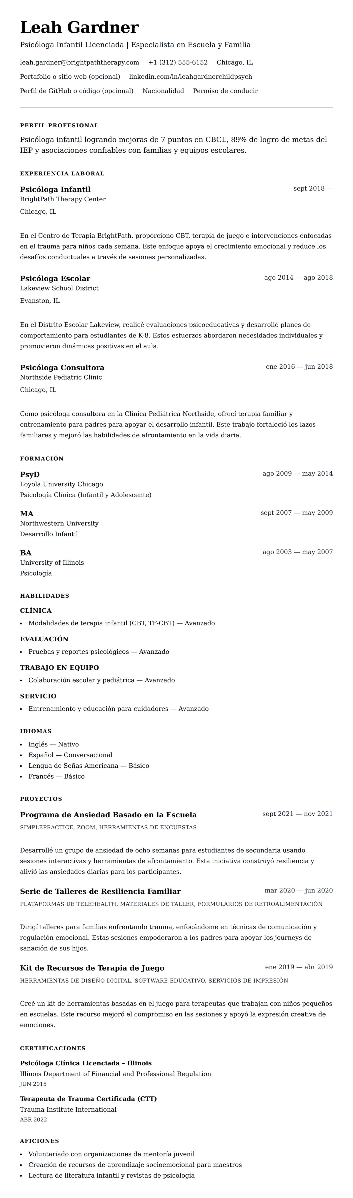 Vista previa del currículum Ejemplo de Currículum de Psicólogo Infantil