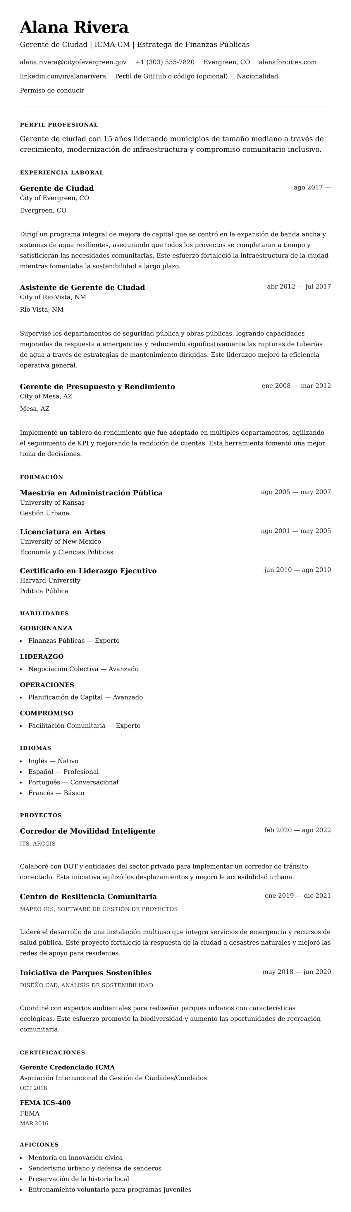 Vista previa del currículum Ejemplo de Currículum de Gerente de Ciudad