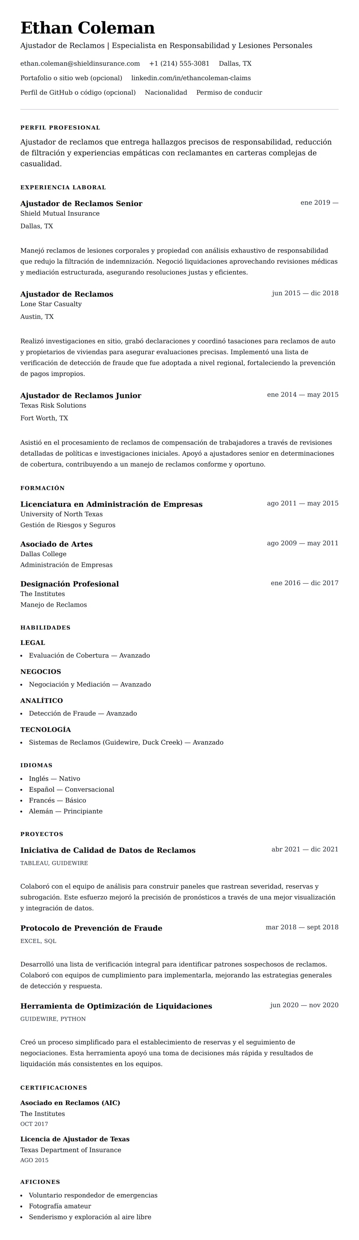 Vista previa del currículum Ejemplo de Currículum de Ajustador de Reclamos