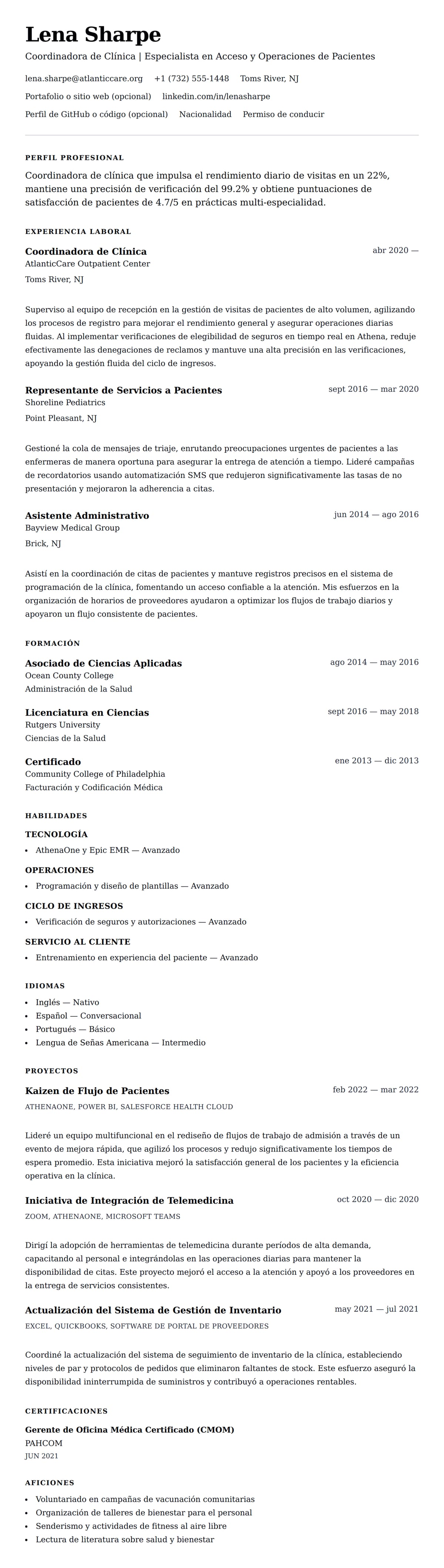 Vista previa del currículum Ejemplo de Currículum de Coordinador de Clínica
