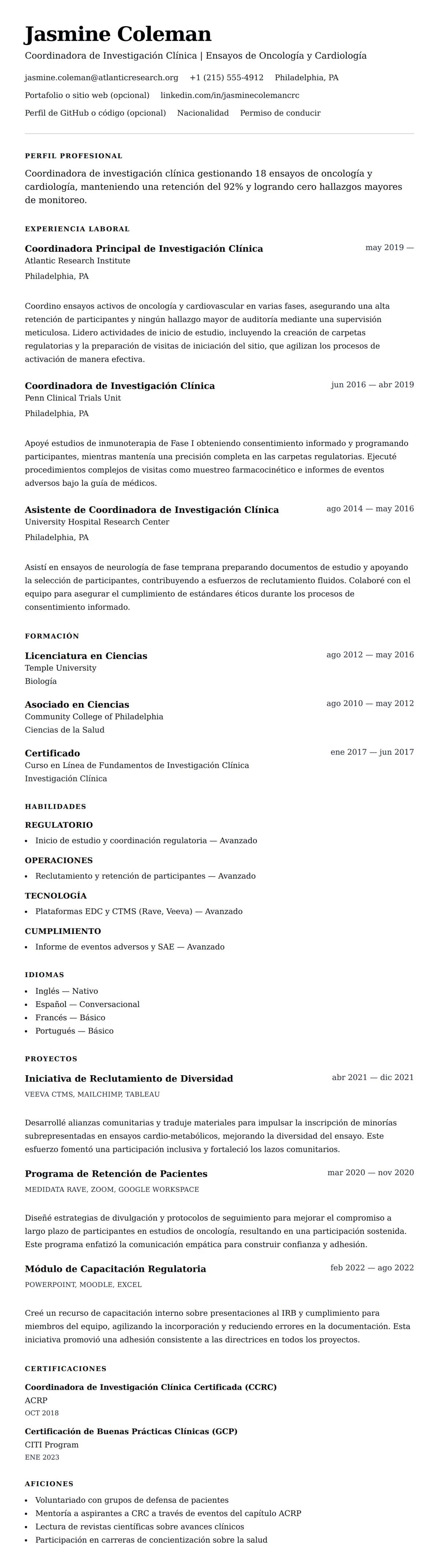 Vista previa del currículum Ejemplo de Currículum de Coordinador de Investigación Clínica