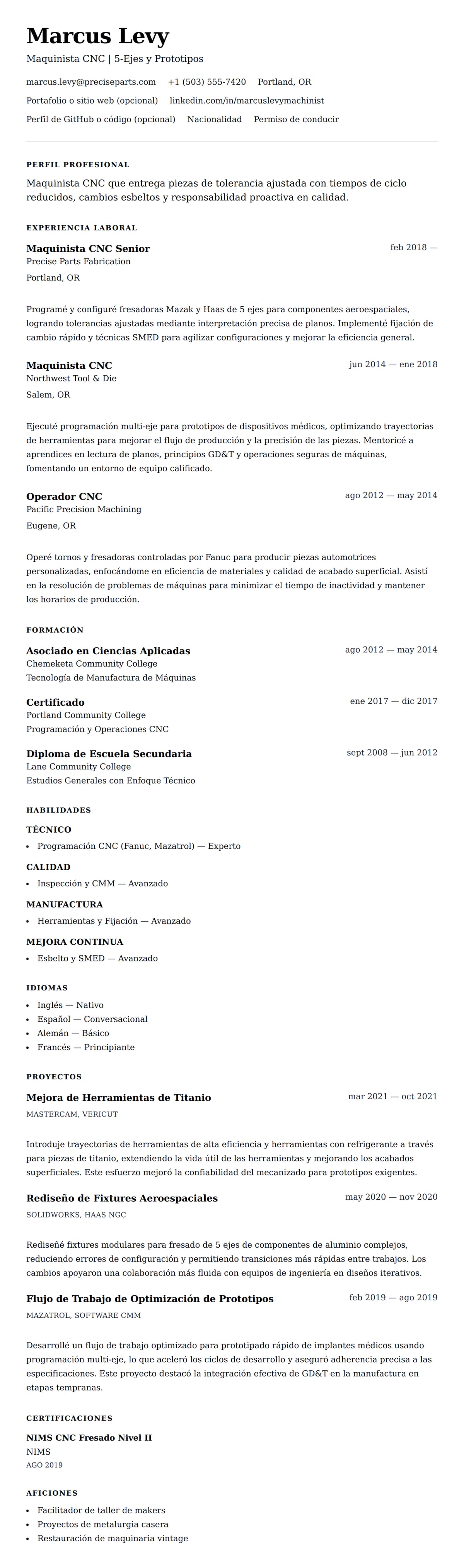 Vista previa del currículum Ejemplo de Currículum de Maquinista CNC