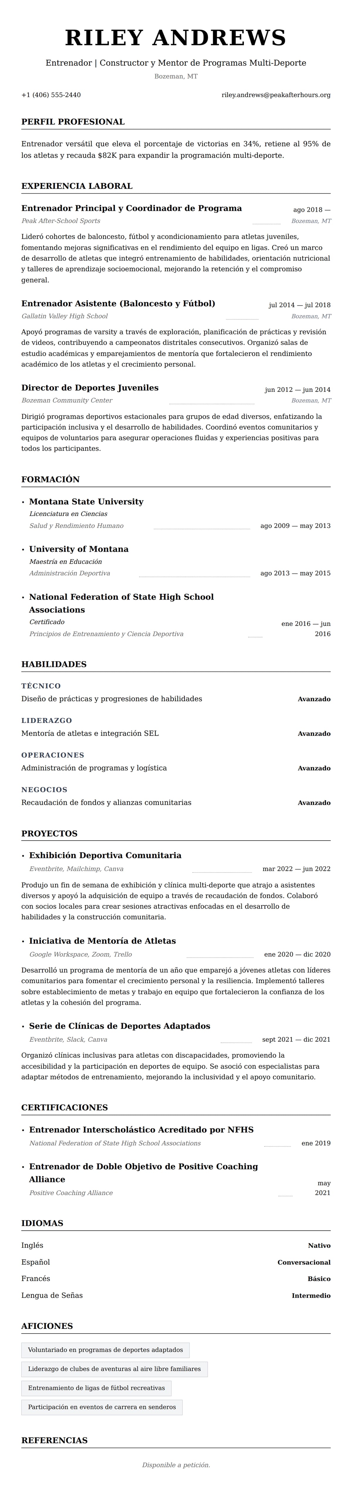 Vista previa del currículum Ejemplo de Currículum de Entrenador