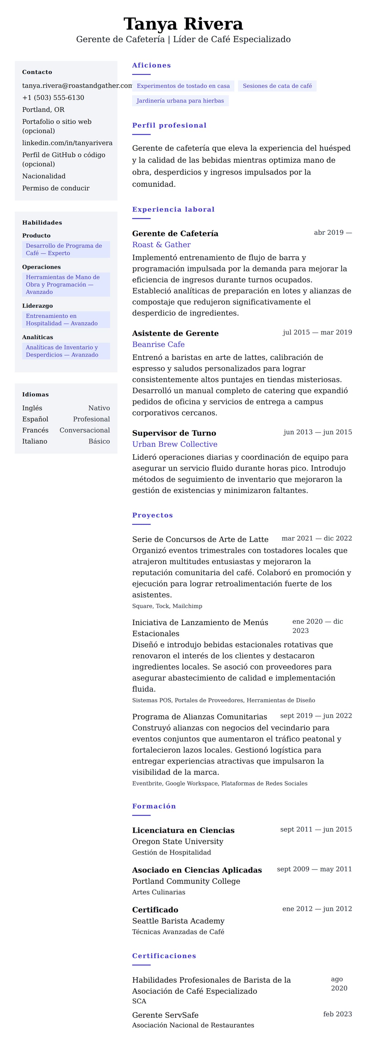 Vista previa del currículum Ejemplo de Currículum de Gerente de Cafetería