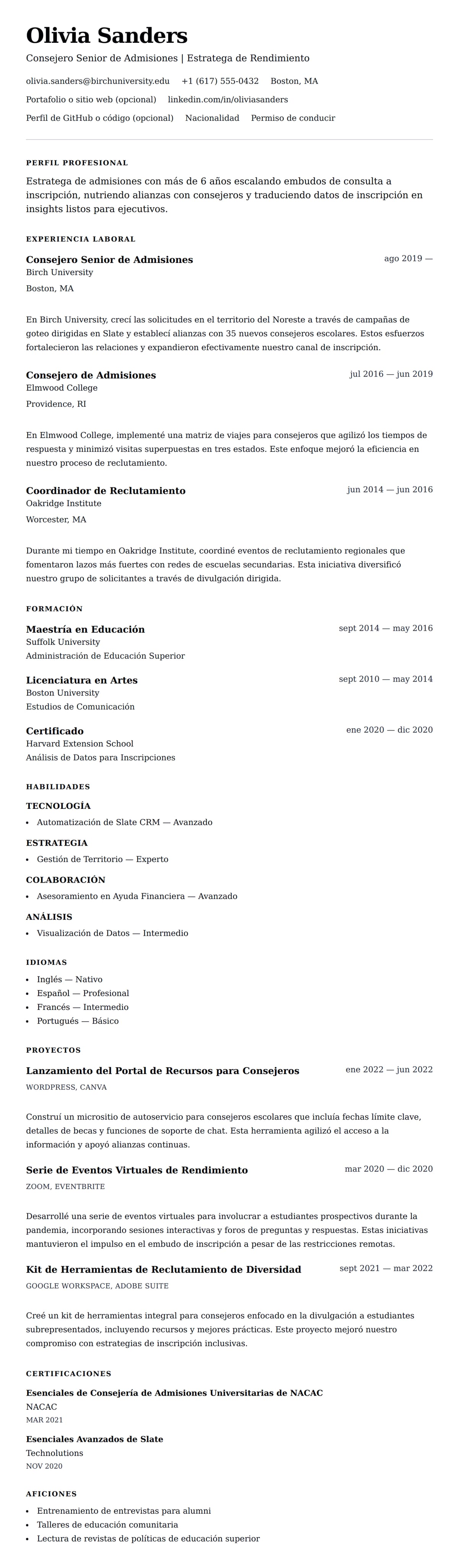 Vista previa del currículum Ejemplo de Currículum de Consejero de Admisiones Universitarias
