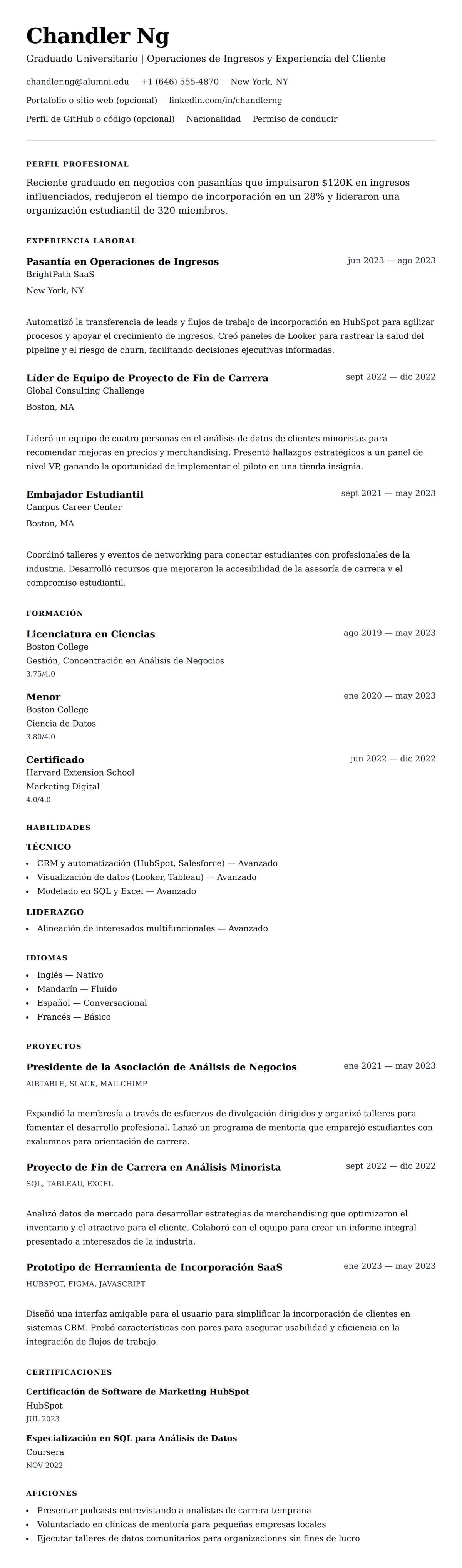Vista previa del currículum Ejemplo de Currículum para Graduado Universitario