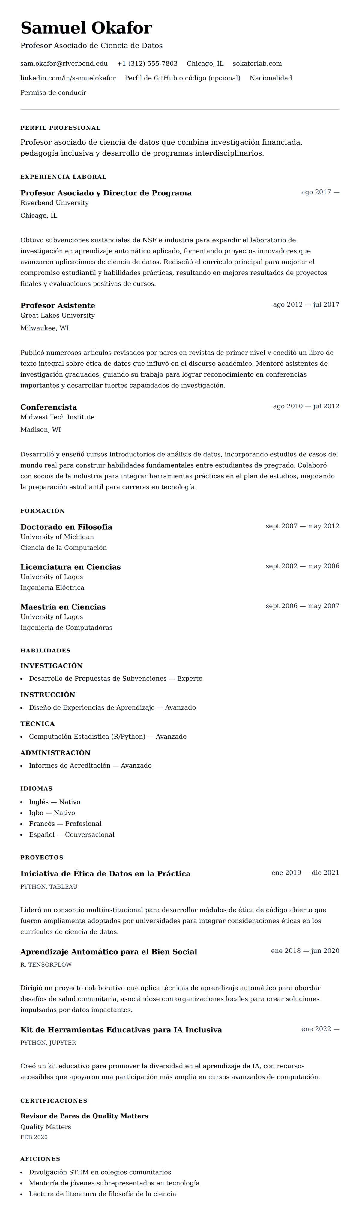 Vista previa del currículum Ejemplo de Currículum de Profesor Universitario
