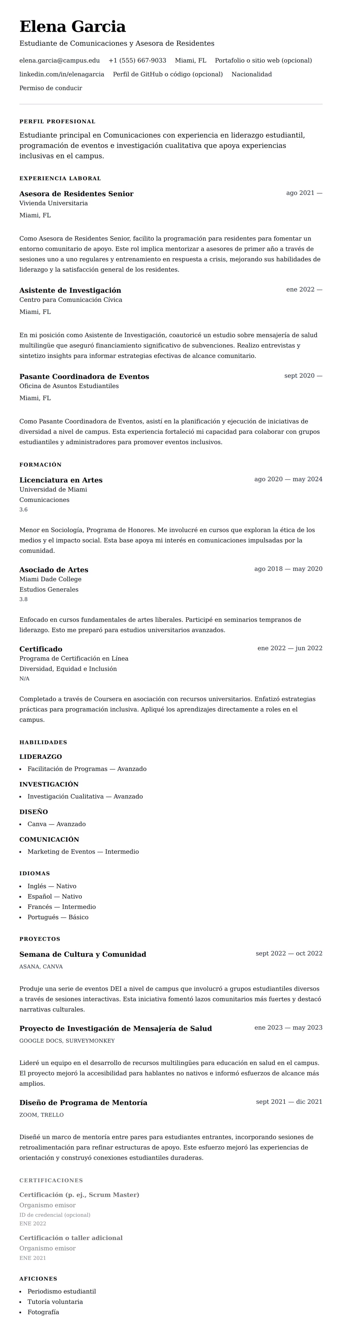 Vista previa del currículum Ejemplo de Currículum para Estudiante Universitario