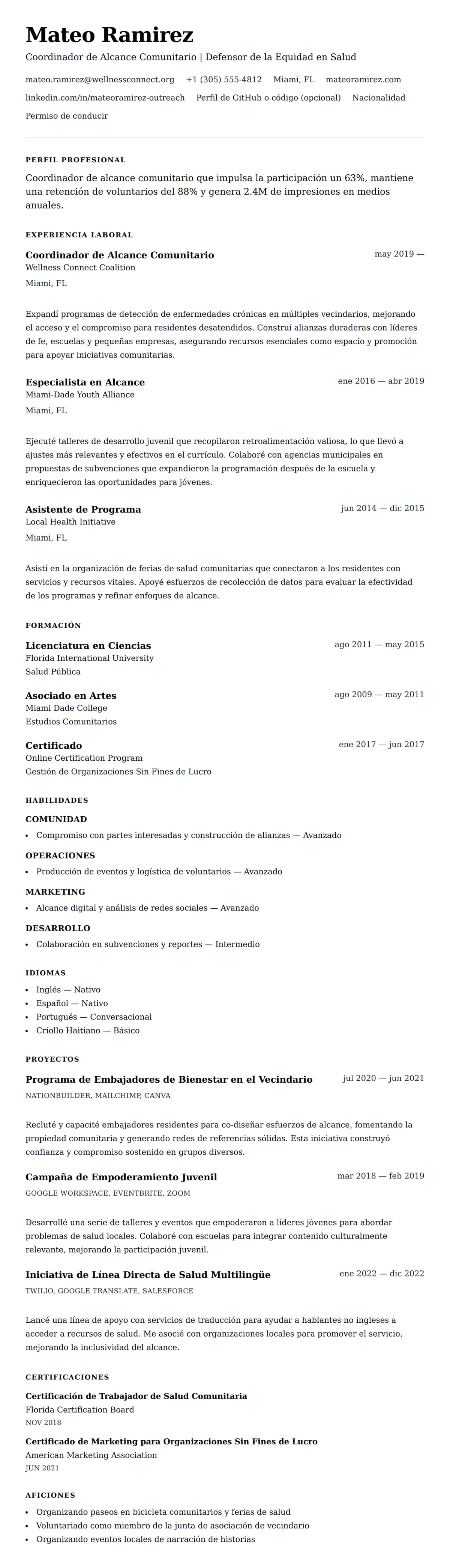 Vista previa del currículum Ejemplo de Currículum de Coordinador de Alcance Comunitario