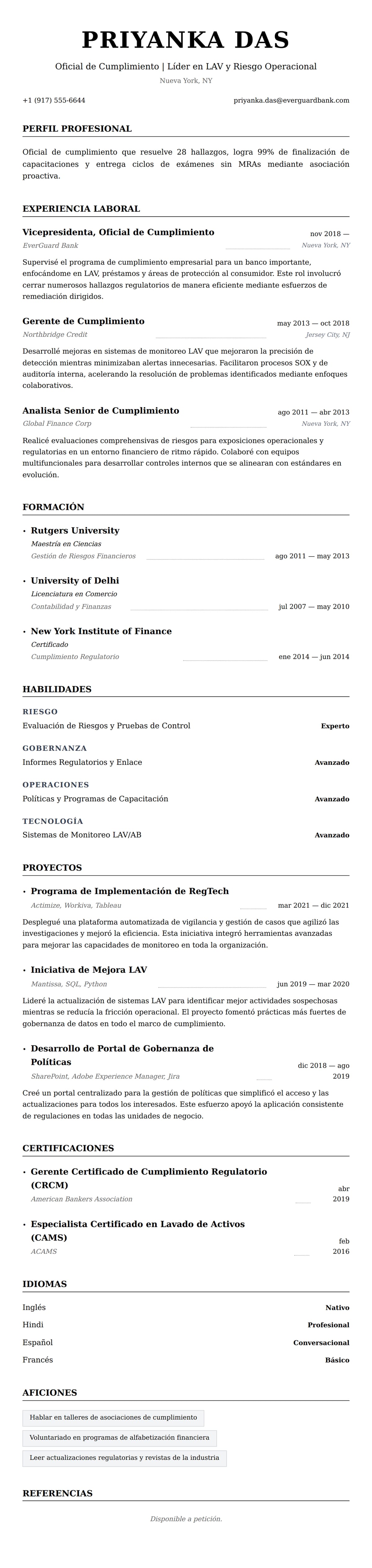 Vista previa del currículum Ejemplo de Currículum de Oficial de Cumplimiento