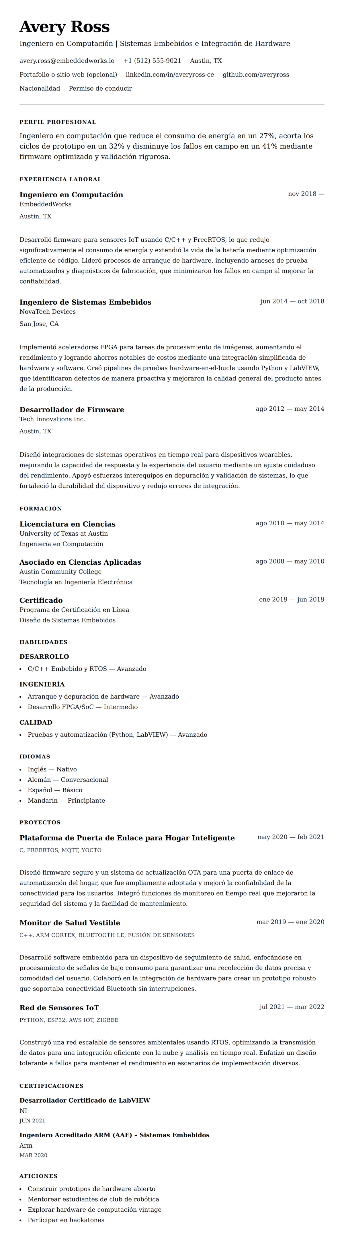 Vista previa del currículum Ejemplo de Currículum de Ingeniero en Computación