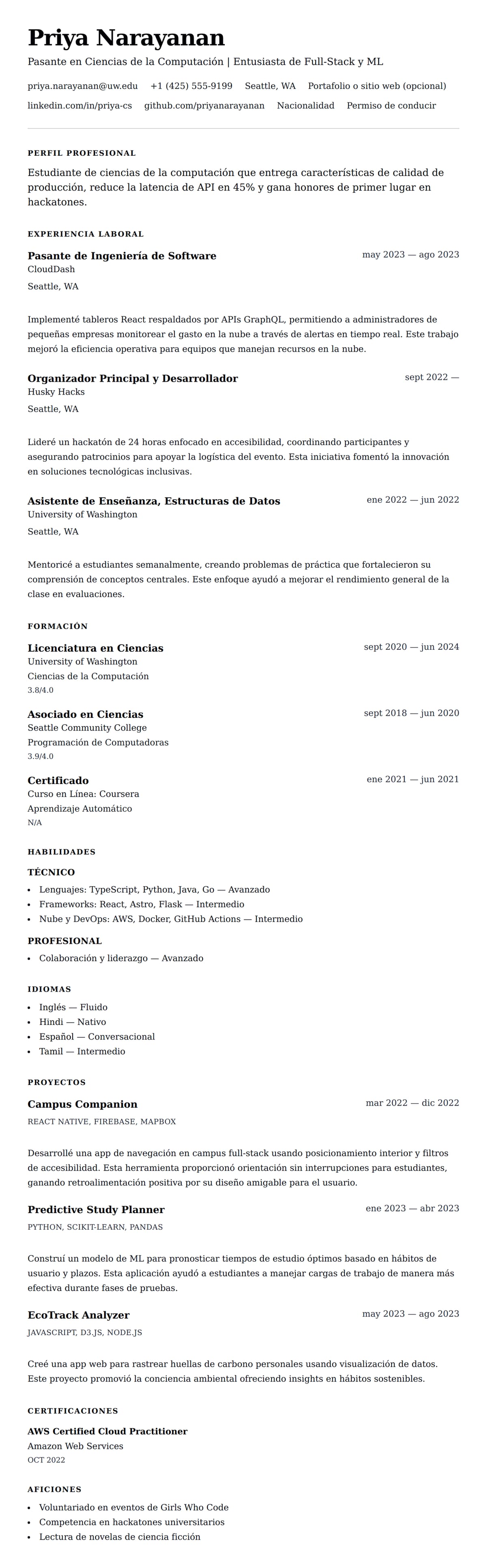 Vista previa del currículum Ejemplo de Currículum para Pasantía en Ciencias de la Computación