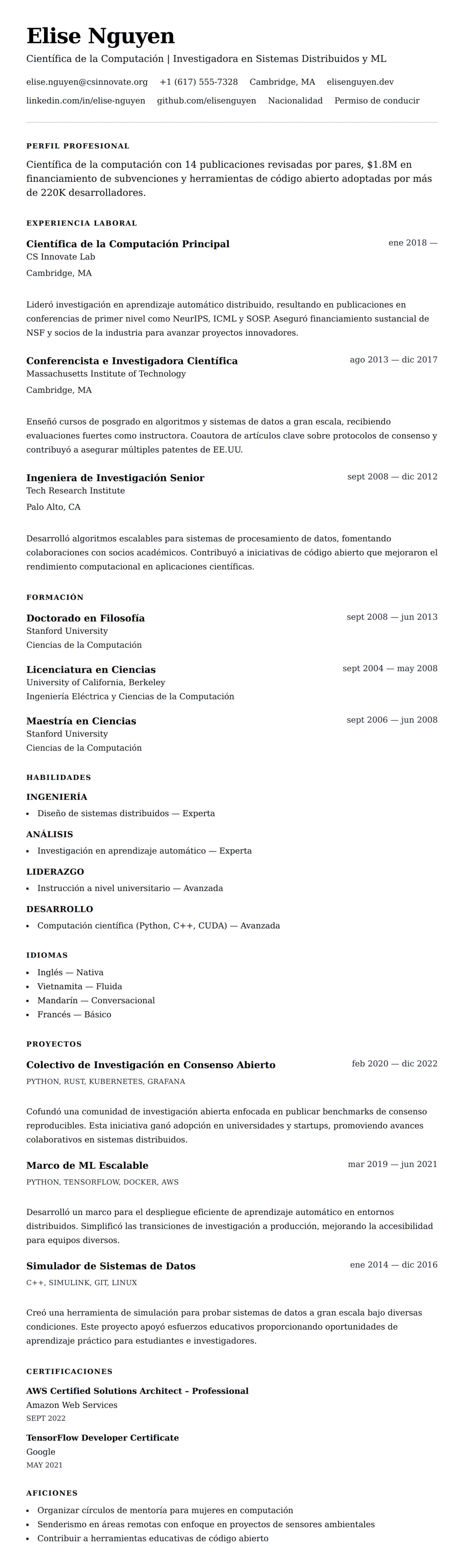 Vista previa del currículum Ejemplo de Currículum de Profesional en Ciencias de la Computación