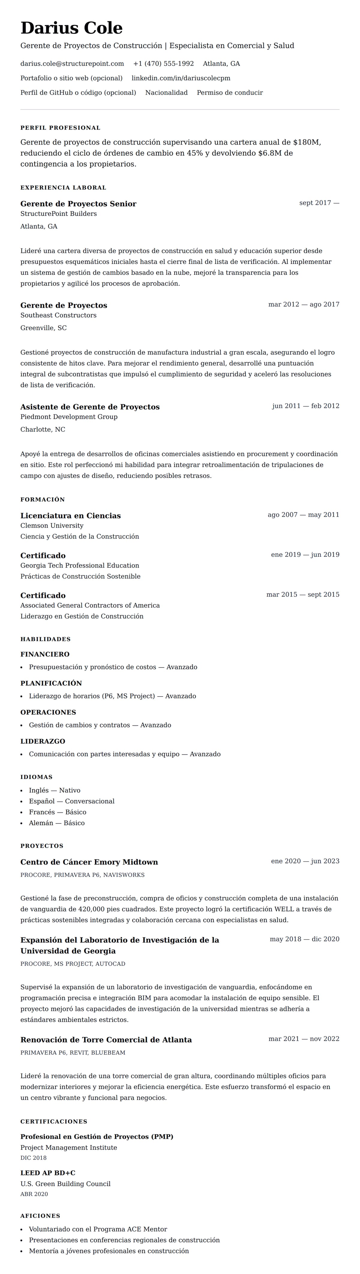 Vista previa del currículum Ejemplo de Currículum de Gerente de Proyectos de Construcción