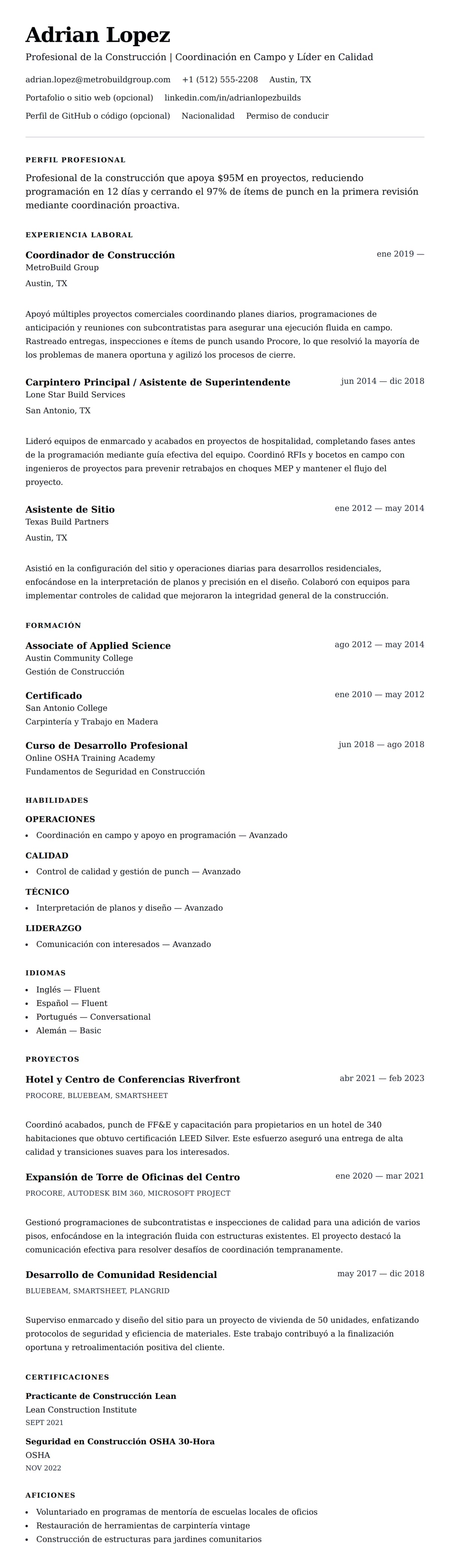 Vista previa del currículum Ejemplo de Currículum de Profesional de la Construcción