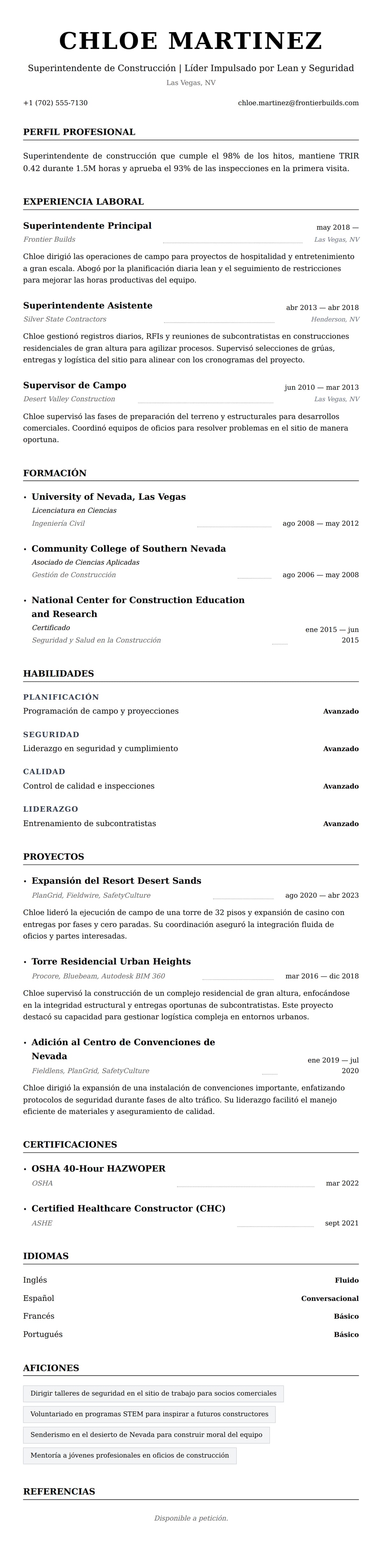 Vista previa del currículum Ejemplo de Currículum de Superintendente de Construcción