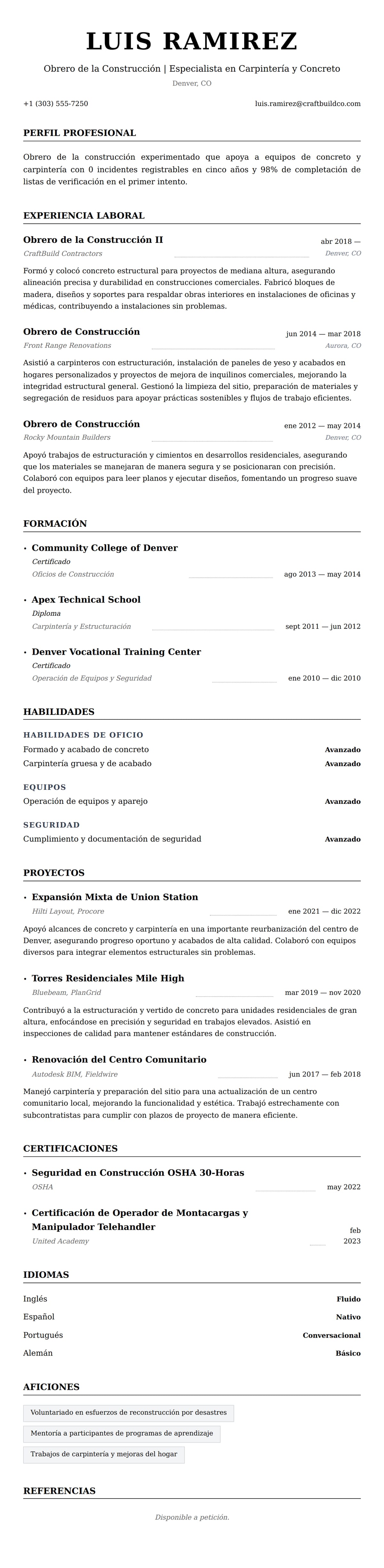 Vista previa del currículum Ejemplo de Currículum de Obrero de la Construcción