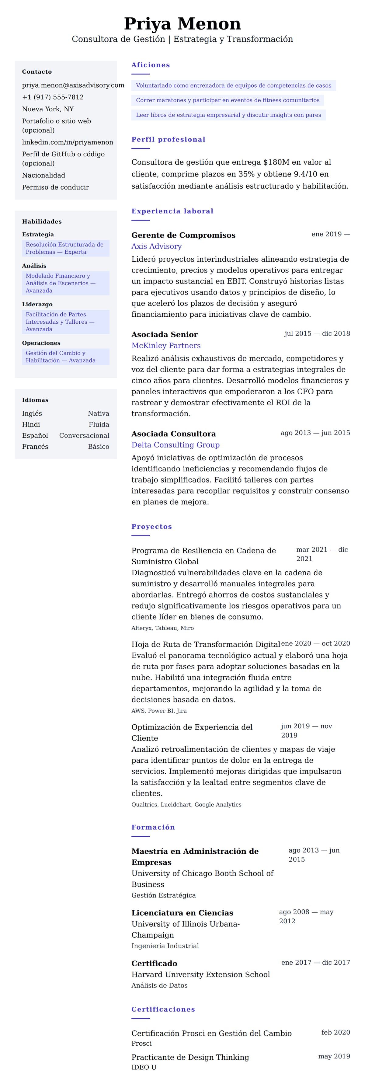 Vista previa del currículum Ejemplo de Currículum de Consultor de Gestión