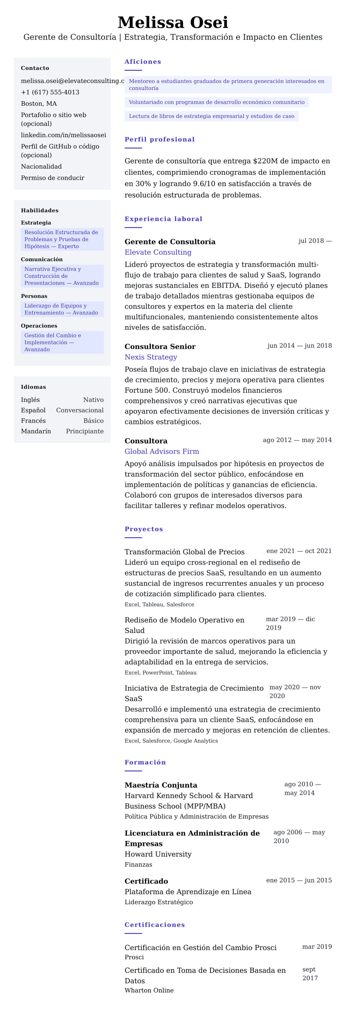 Vista previa del currículum Ejemplo de Currículum de Gerente de Consultoría
