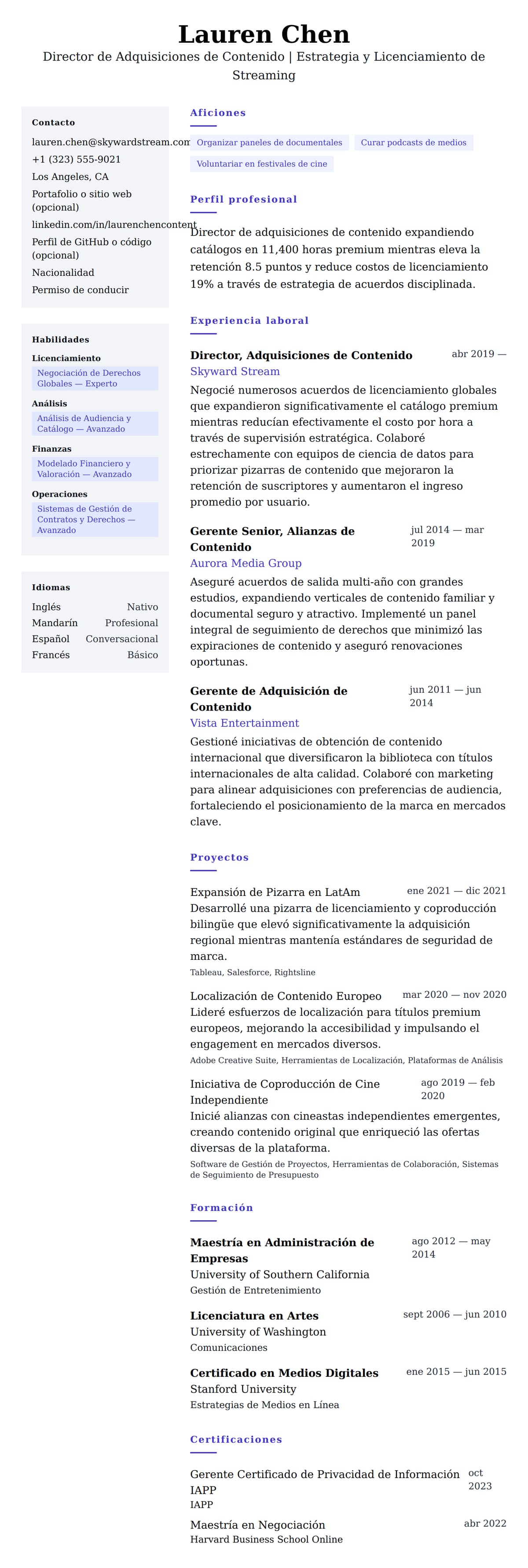 Vista previa del currículum Ejemplo de Currículum de Director de Adquisiciones de Contenido