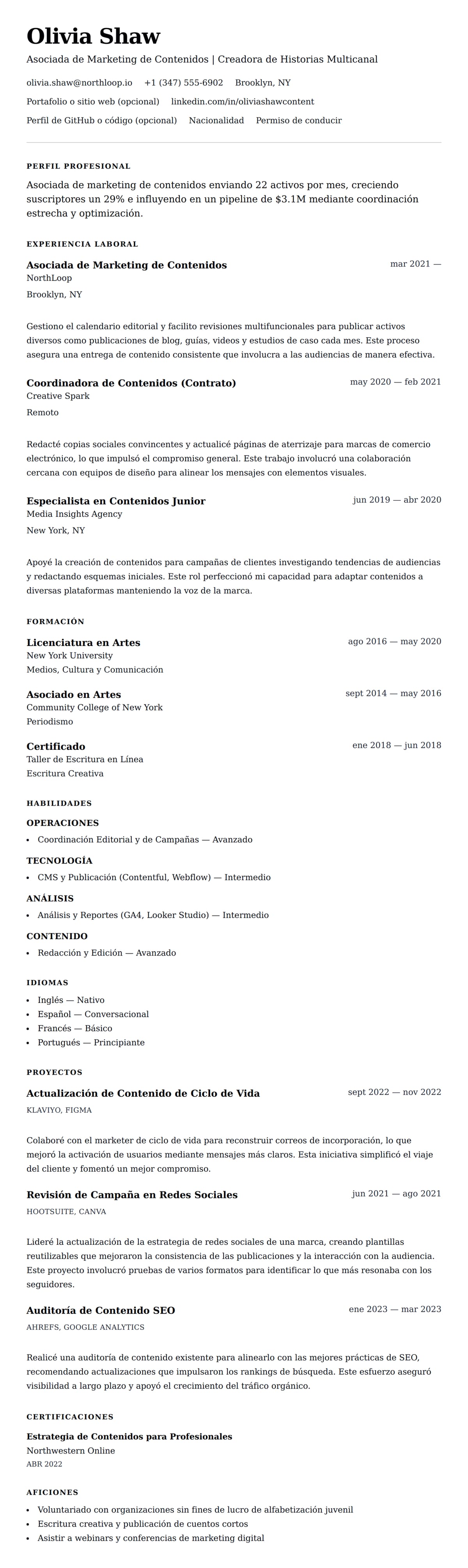 Vista previa del currículum Ejemplo de Currículum de Asociado de Marketing de Contenidos