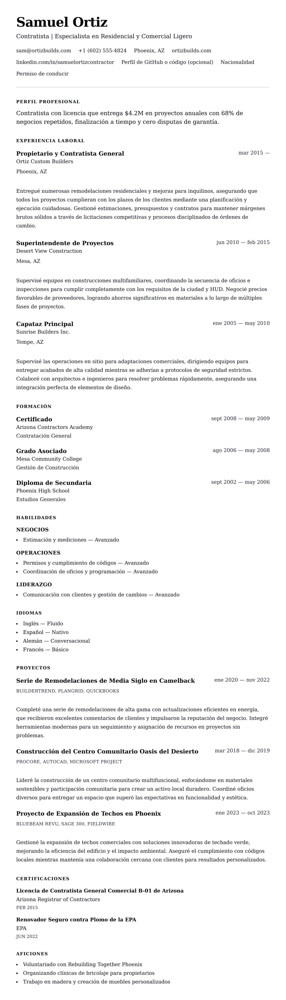 Vista previa del currículum Ejemplo de Currículum de Contratista