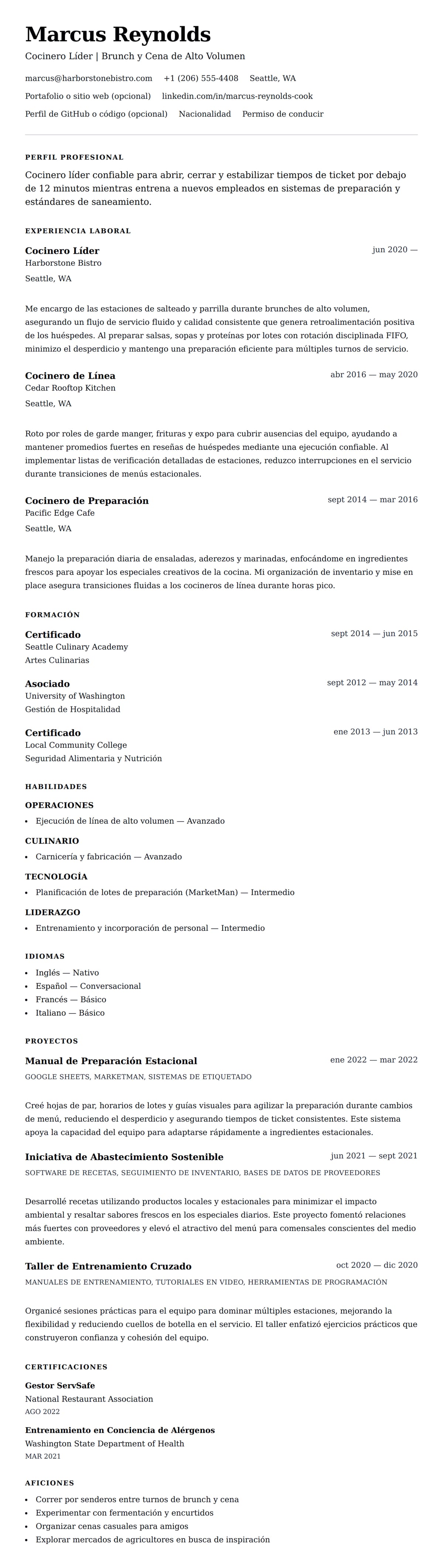 Vista previa del currículum Ejemplo de Currículum de Cocinero