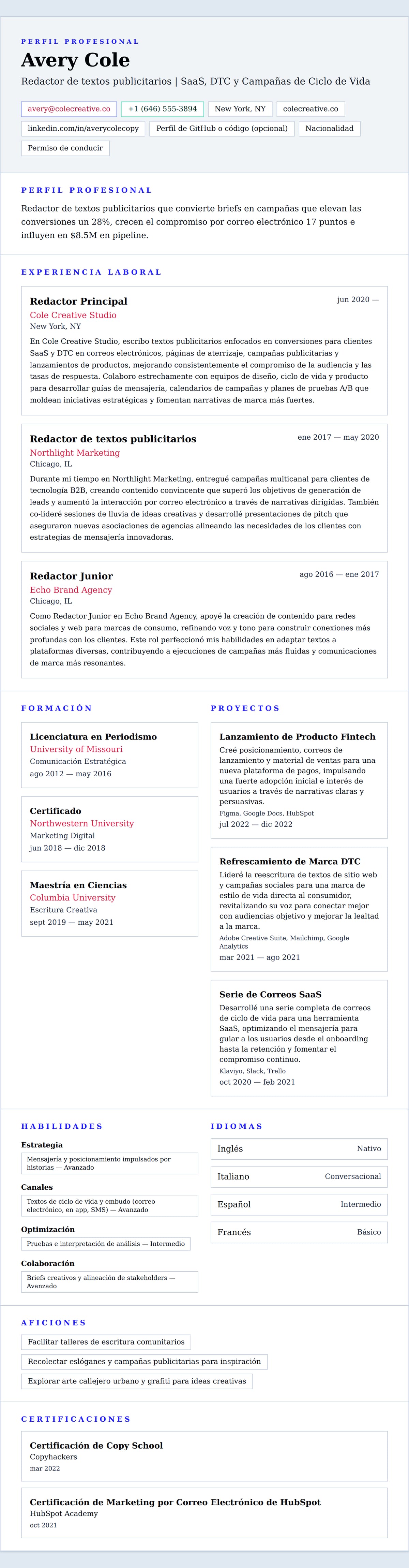 Vista previa del currículum Ejemplo de Currículum de Redactor de textos publicitarios