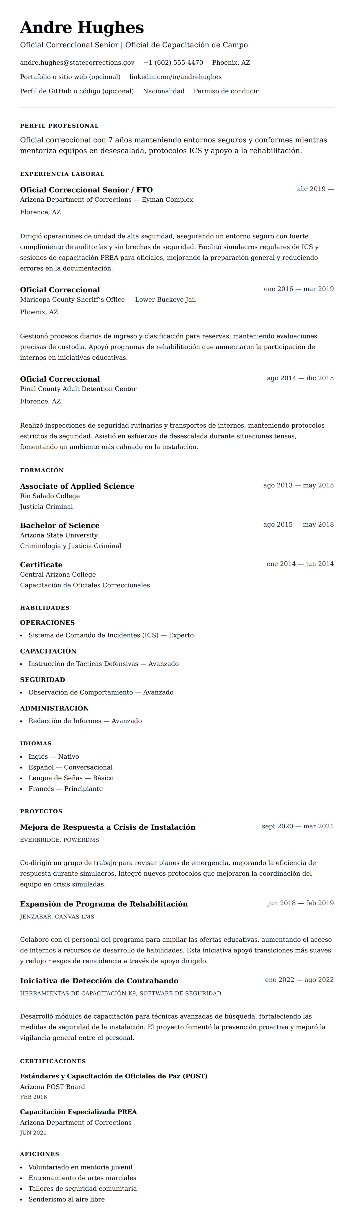 Vista previa del currículum Ejemplo de Currículum de Oficial Correccional