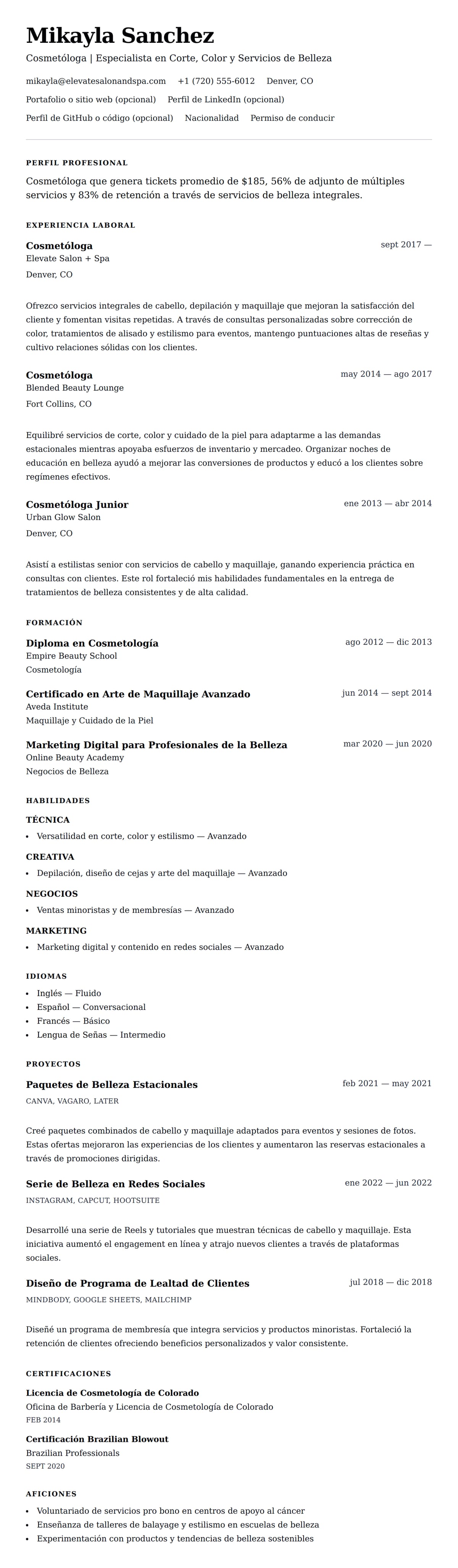 Vista previa del currículum Ejemplo de Currículum de Cosmetóloga