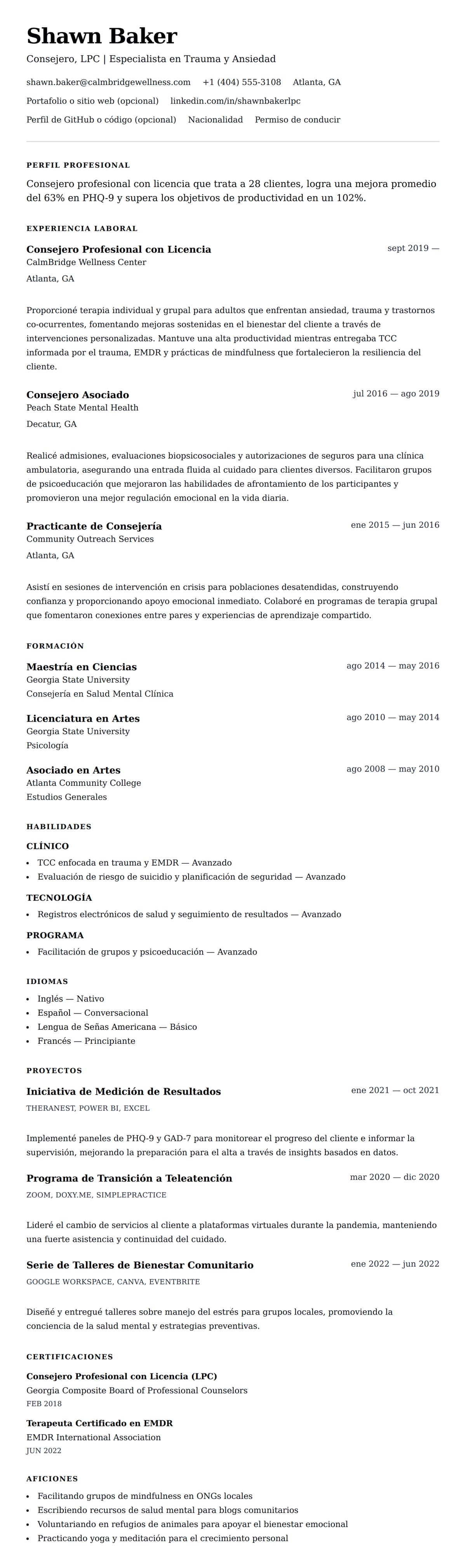 Vista previa del currículum Ejemplo de Currículum de Consejero