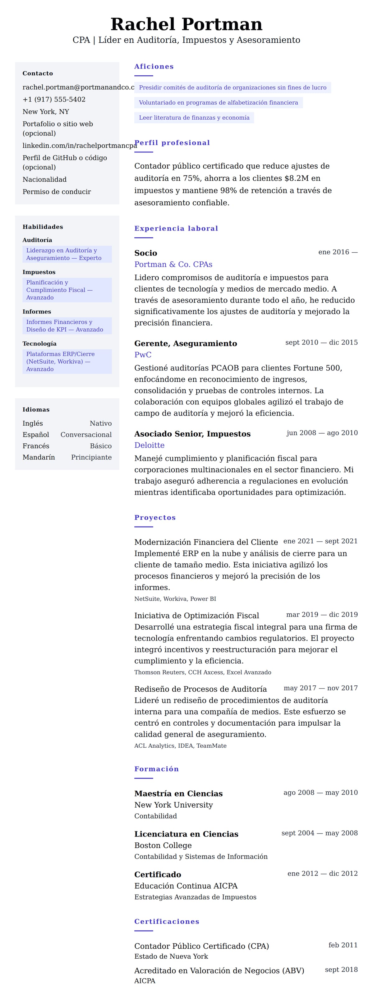 Vista previa del currículum Ejemplo de Currículum de Contador Público Certificado