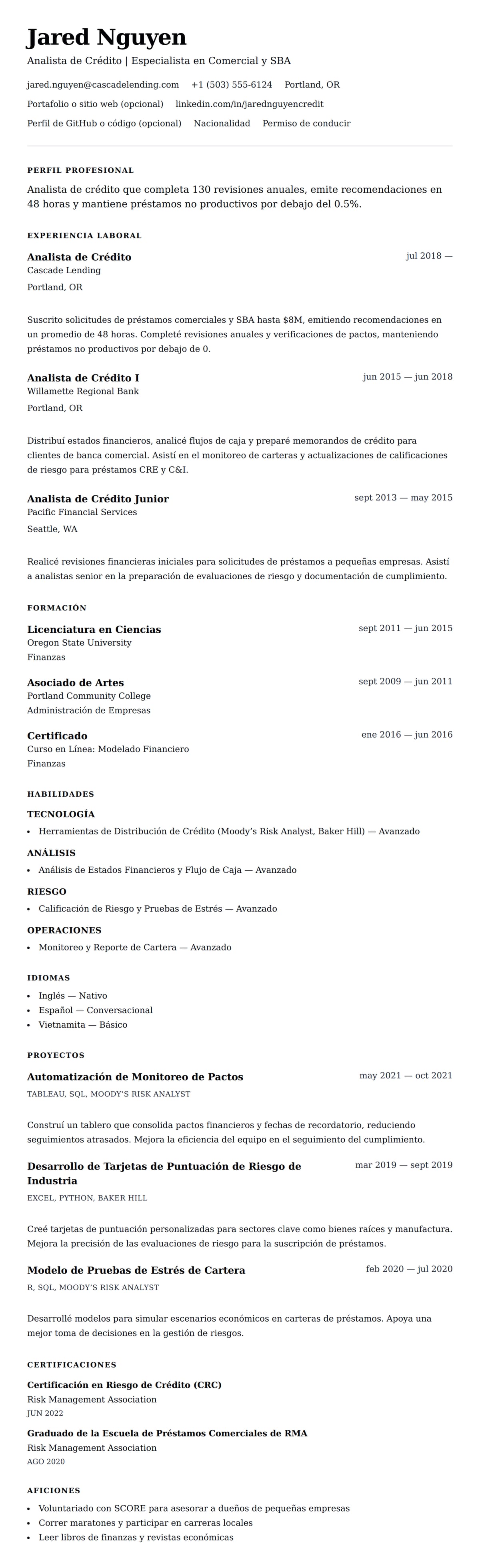 Vista previa del currículum Ejemplo de Currículum de Analista de Crédito