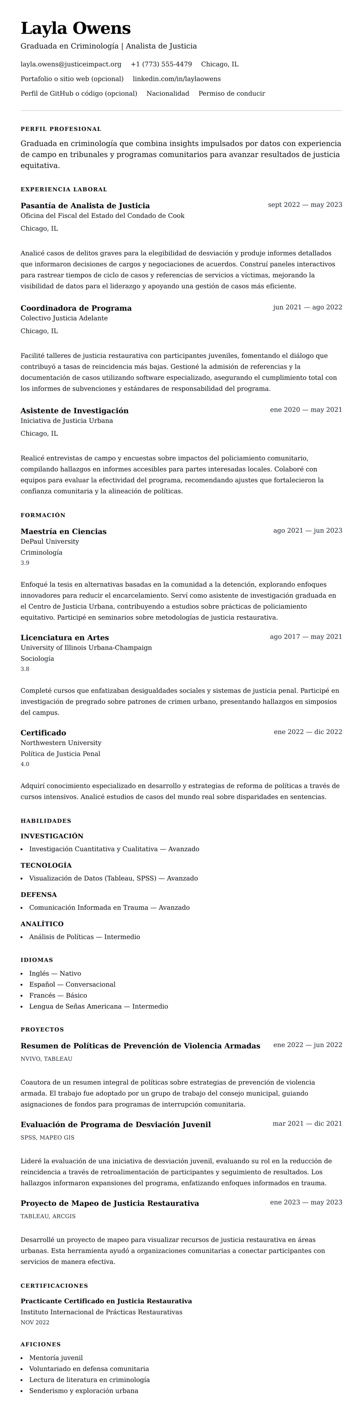 Vista previa del currículum Ejemplo de Currículum de Graduado en Criminología